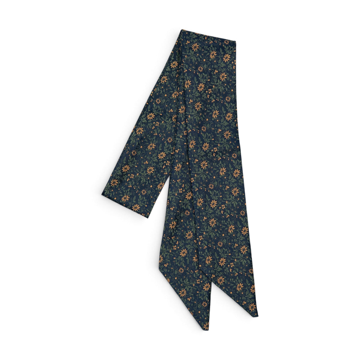 Floral hair sash with dark navy ground and orange botanical pattern