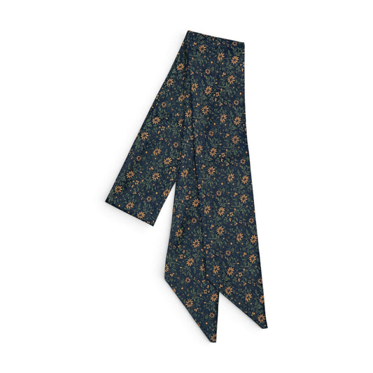Floral hair sash with dark navy ground and orange botanical pattern