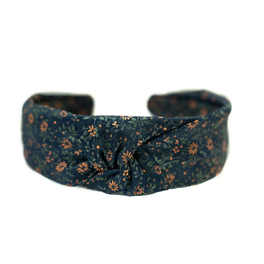 Knotted floral headband, dark teal with orange blossoms