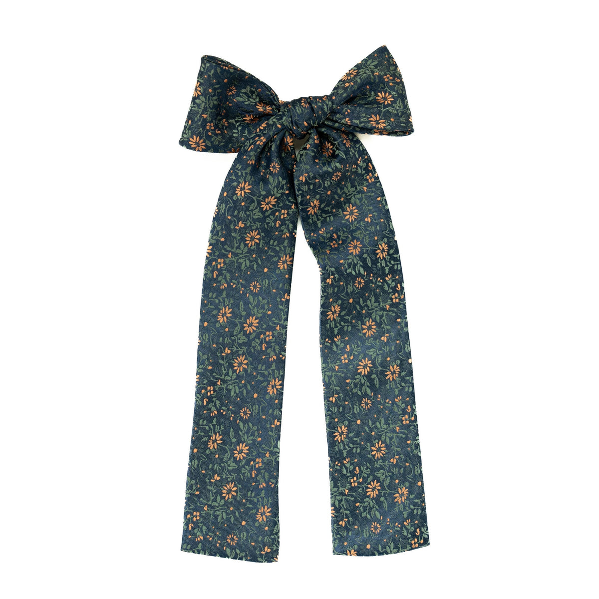 Navy floral hair bow with tied center and long dangling streamers