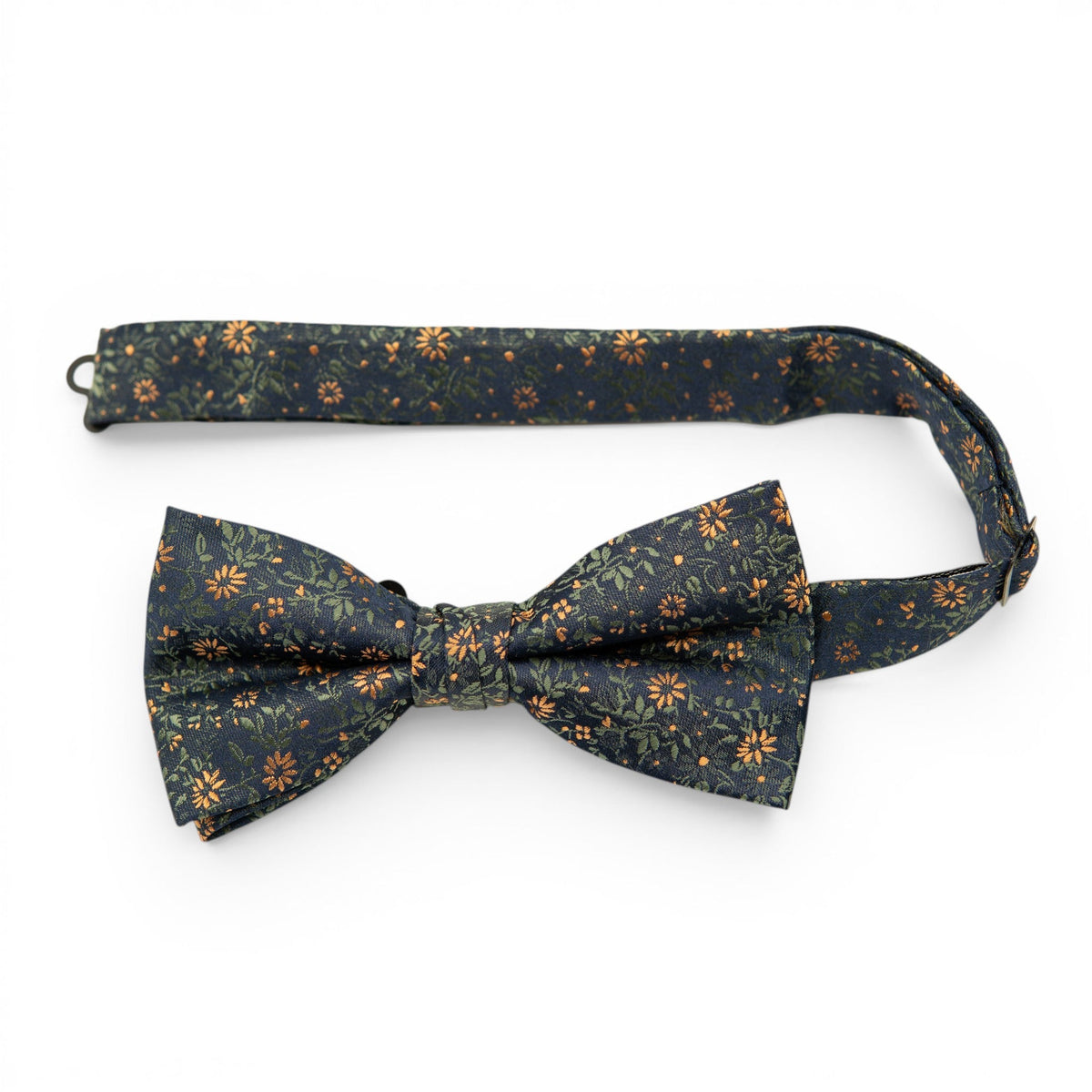 Men's pre-tied bow tie with navy floral pattern and orange accents