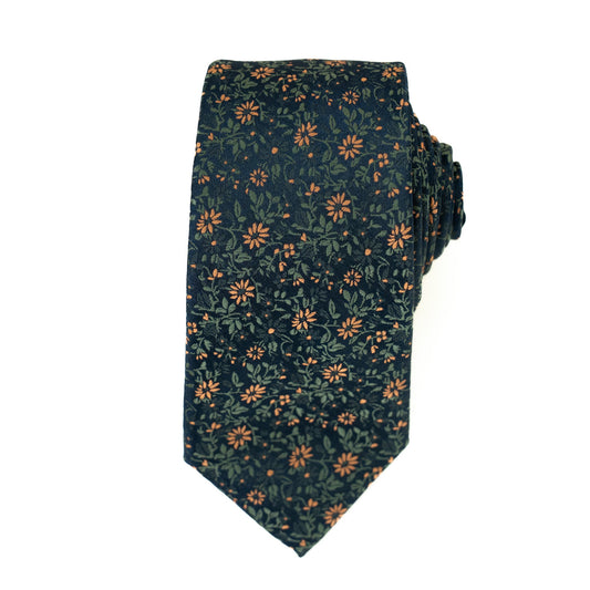 Men's necktie in dark teal with small orange floral and leaf pattern.