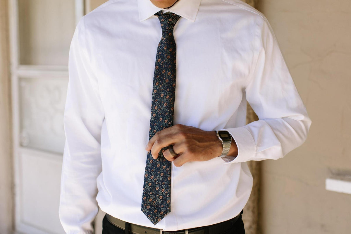 Mens dress shirt with matching patterned necktie, dark teal and orange floral.