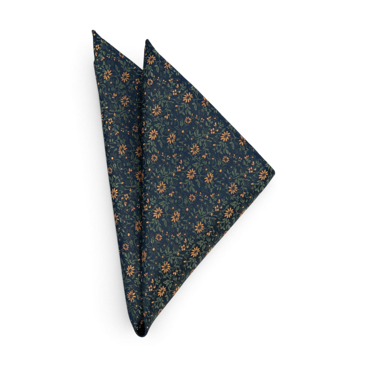 Pocket square with navy base and orange floral sprig pattern, neatly folded