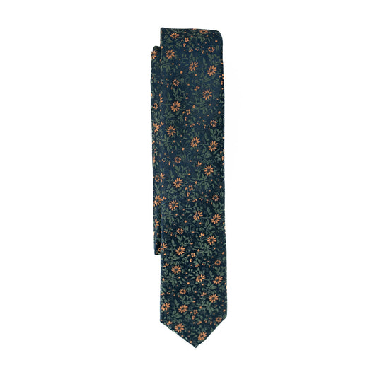 Youth necktie in dark navy with orange and green floral print