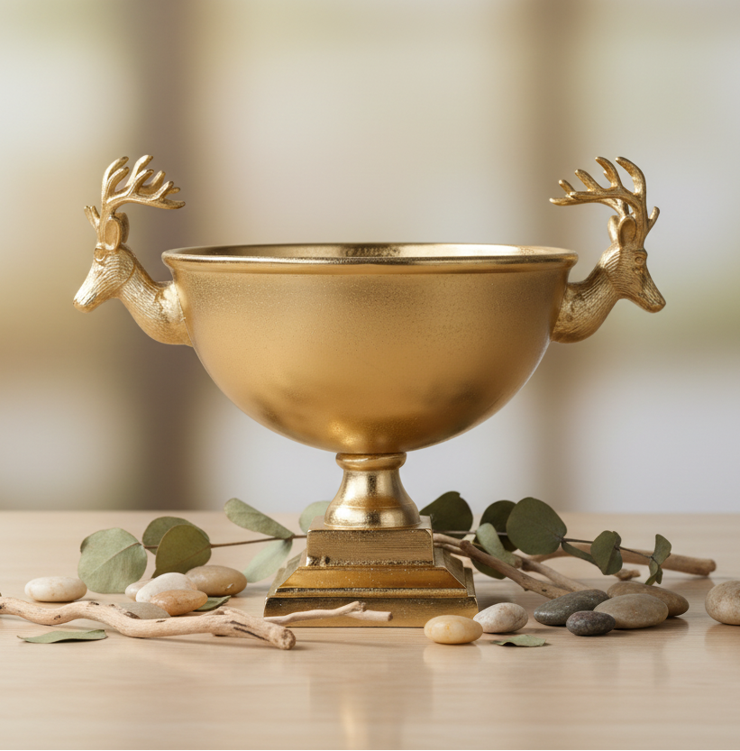 Gold compote bowl with sculpted deer head handles and a raised square base