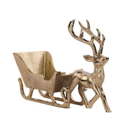 Gold aluminum reindeer pulling a sleigh, with detailed antlers and runners
