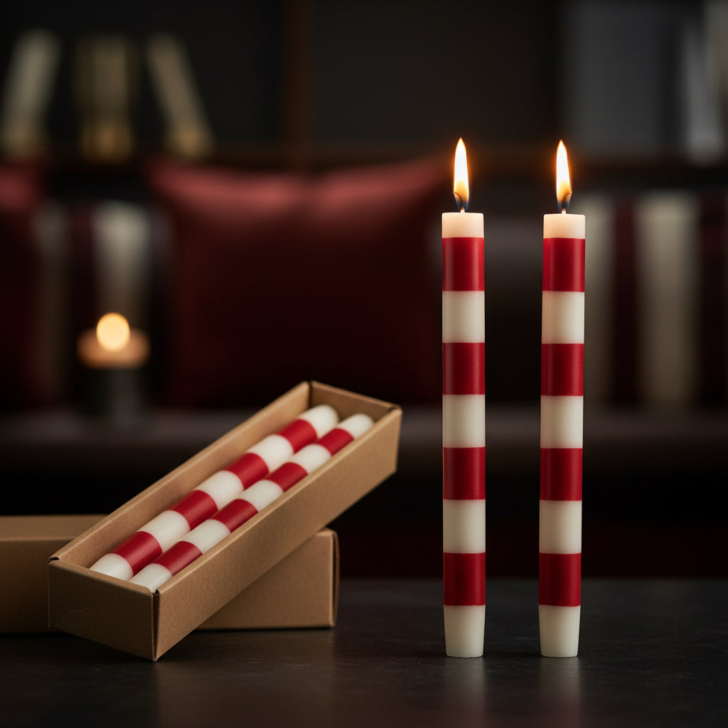Set of 2 cream and red striped taper candles, lit flames