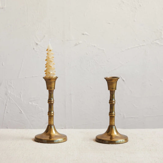 Antique brass embossed aluminum taper holder, decorative candle stick base, pair