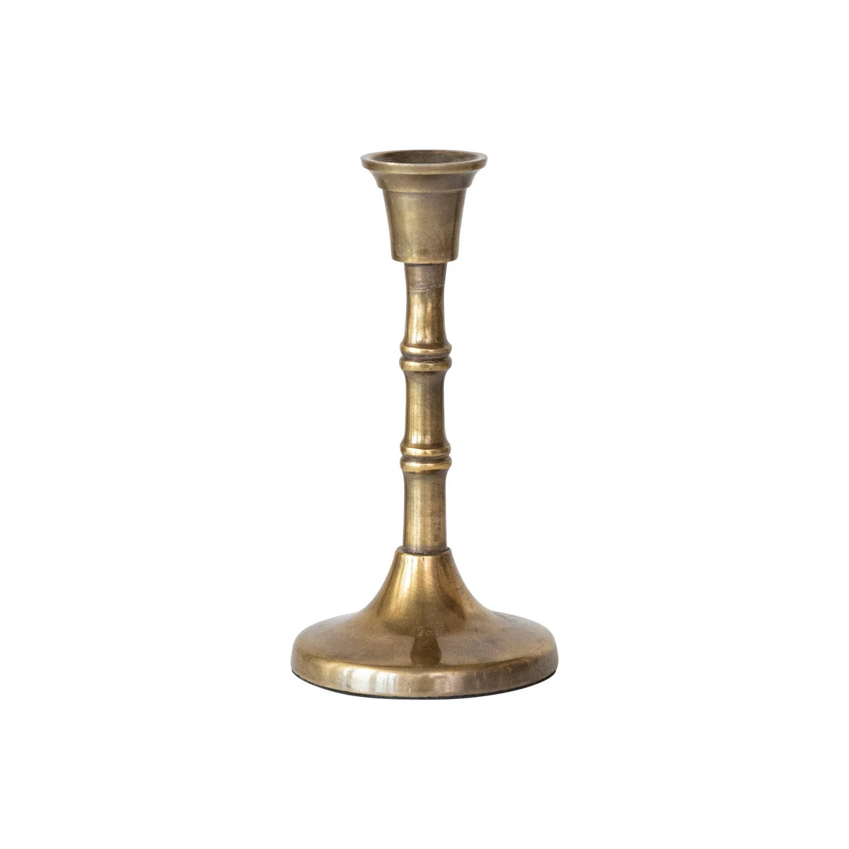 Antique brass embossed aluminum taper holder with fluted stem and round base