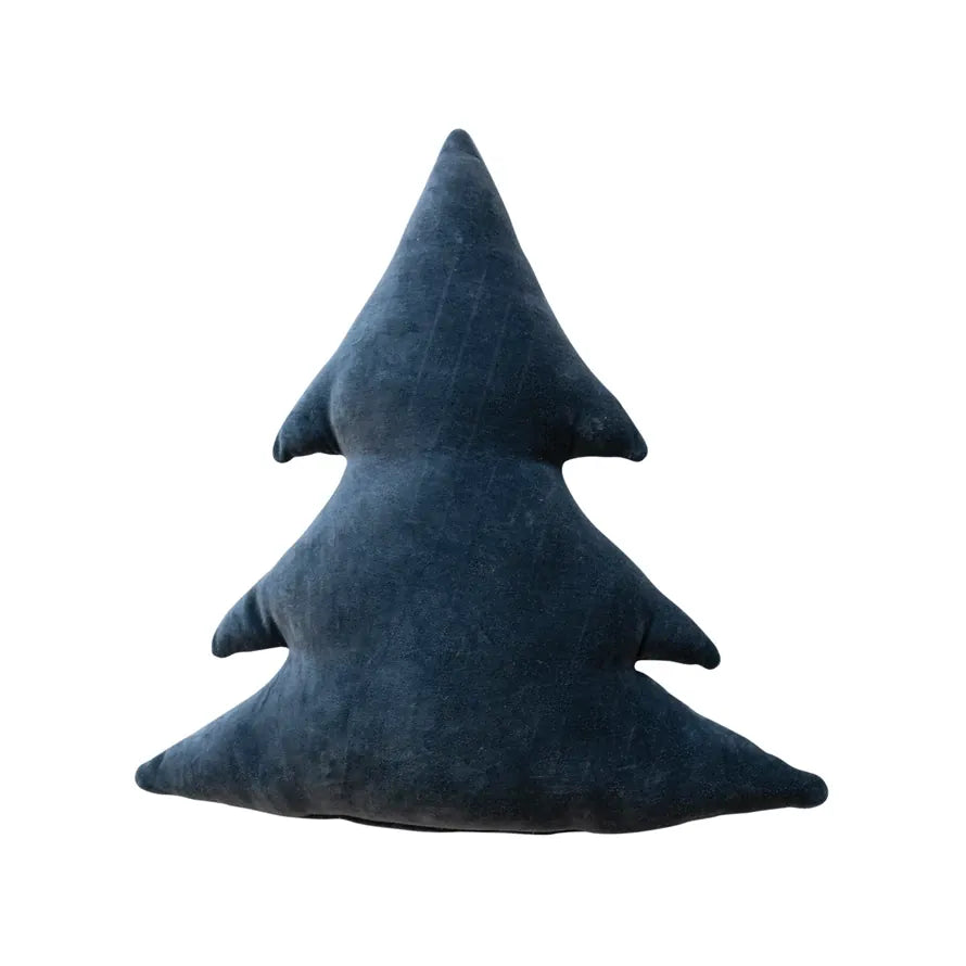 Navy tree-shaped velvet pillow with branch-like side nubs