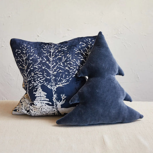 Navy tree-shaped velvet cotton pillow with stitched branch nubs