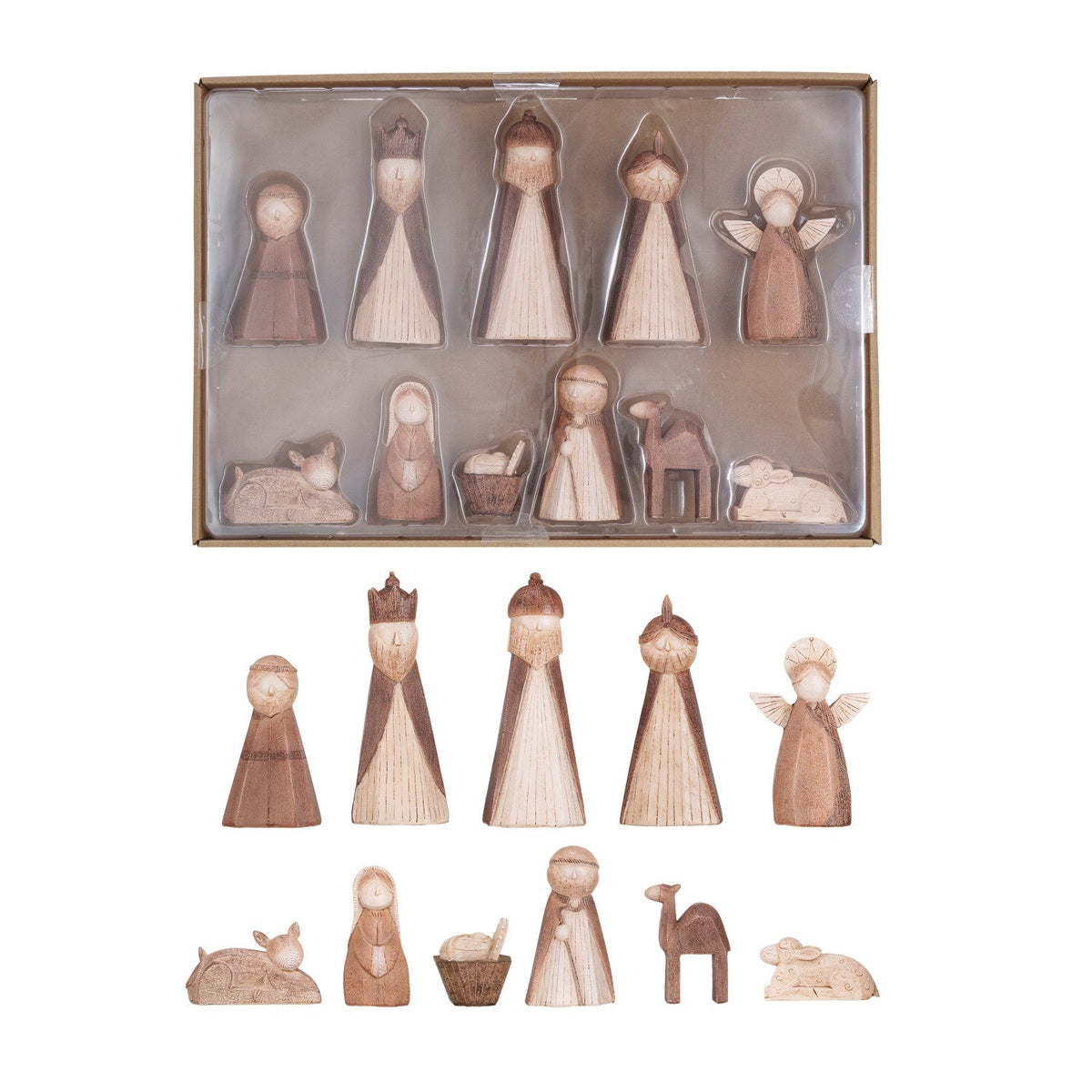 Wood-finish resin nativity set with 15 figures and animals, shown in and out of its box
