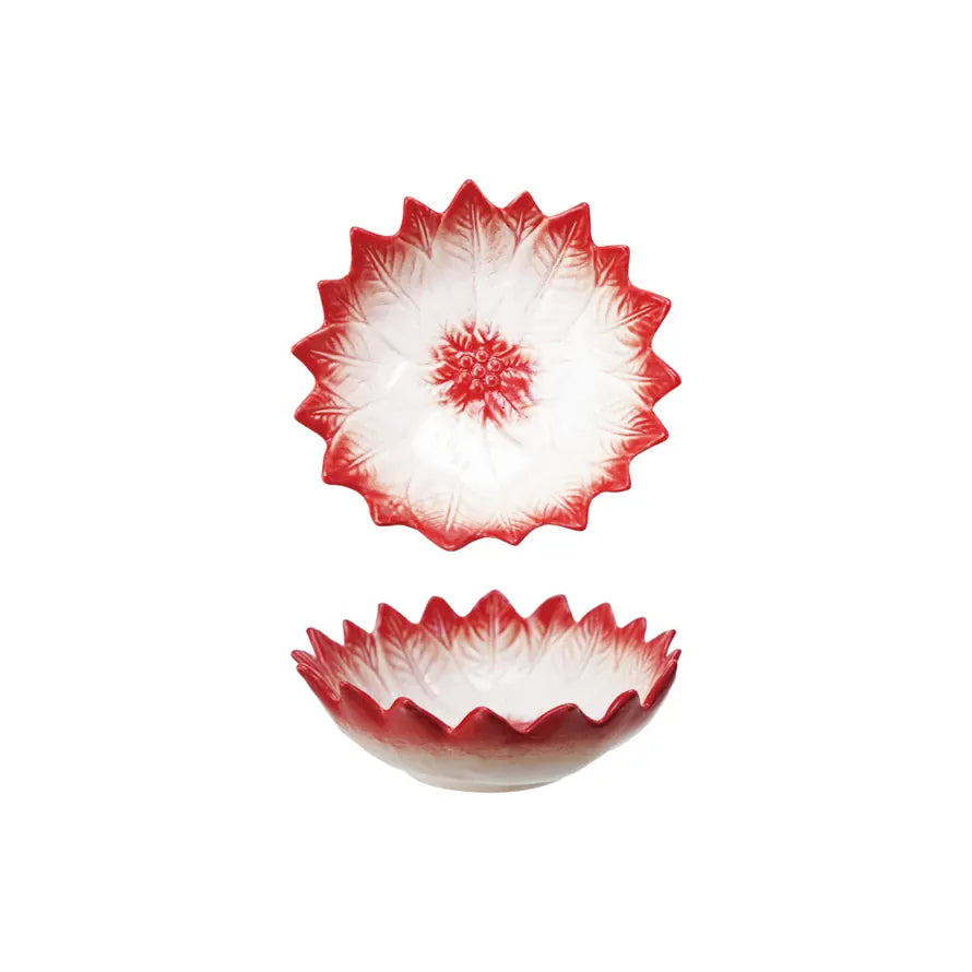 Poinsettia-shaped stoneware bowl with red and white hand-painted fluted rim