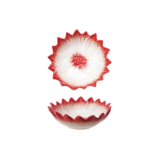 Poinsettia-shaped stoneware bowl with red and white hand-painted fluted rim