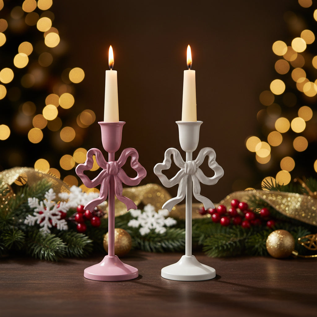 10-inch cast iron bow taper holders, pink and white candle stands with bow bases