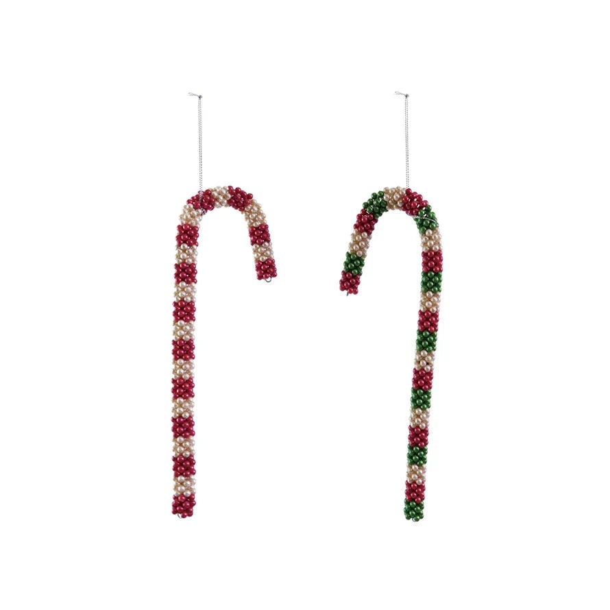 Pair of beaded candy cane ornaments in red/white and red/white/green, with hanging strings