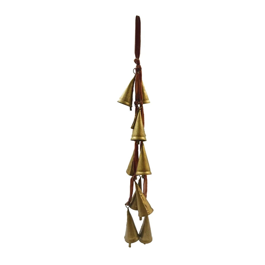 Hanging brass bells cluster with five small bell pieces on a dark hanging cord