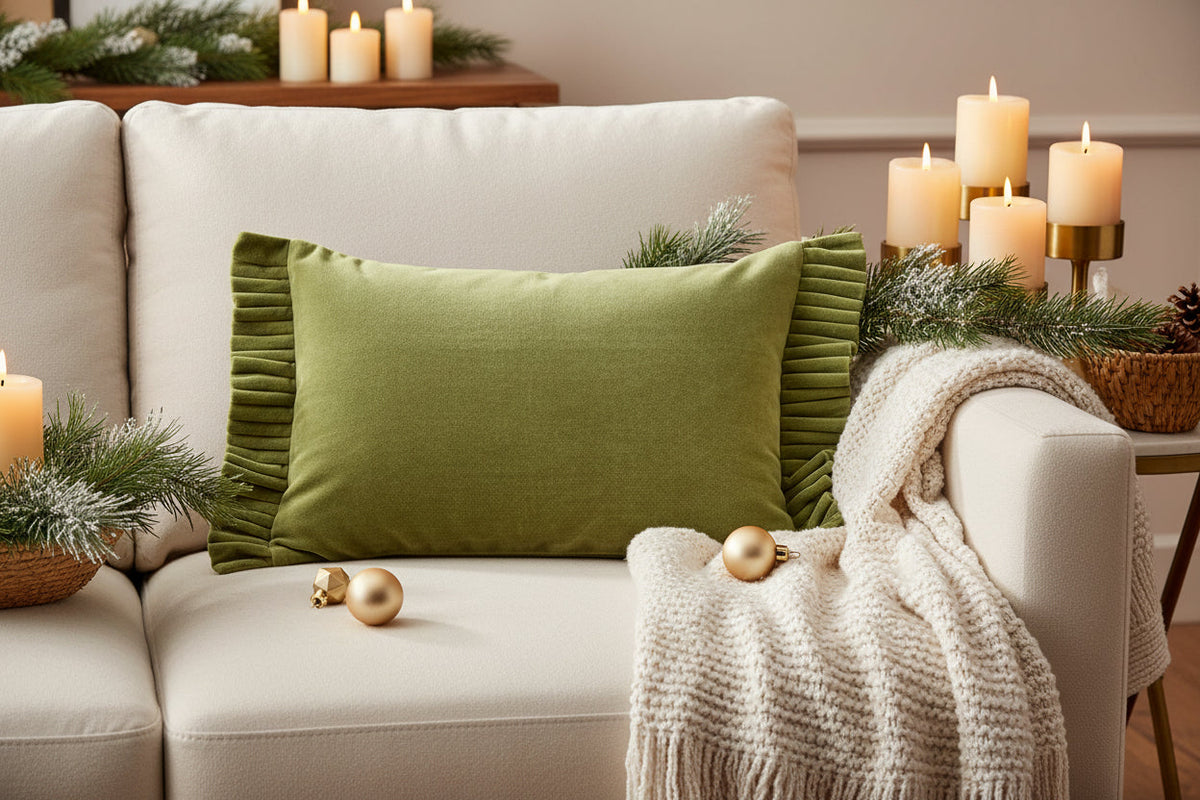Moss green cotton velvet lumbar pillow with ruffle-trim edges and button