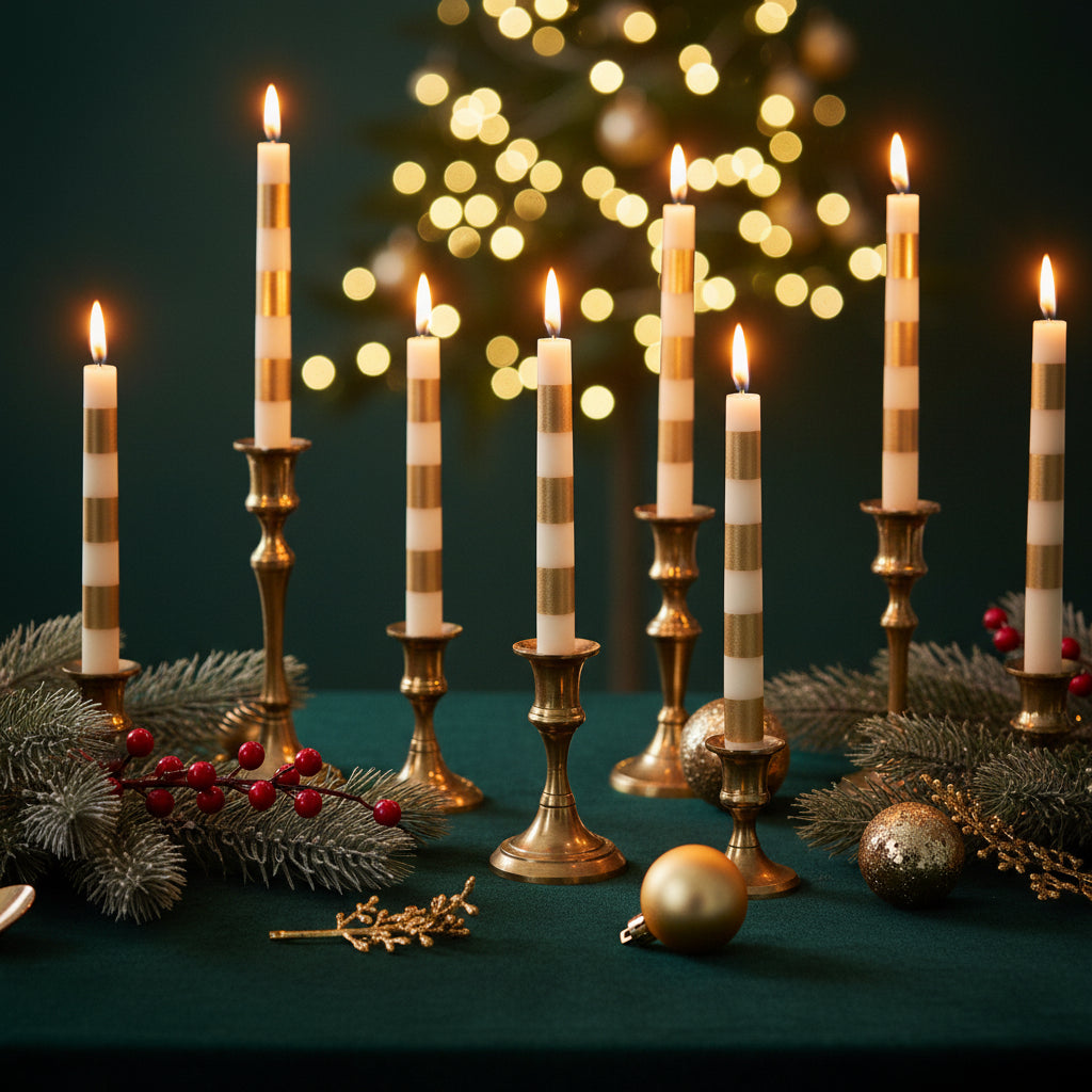 Set of 2 lit cream taper candles with gold candlestick bases and striped bands