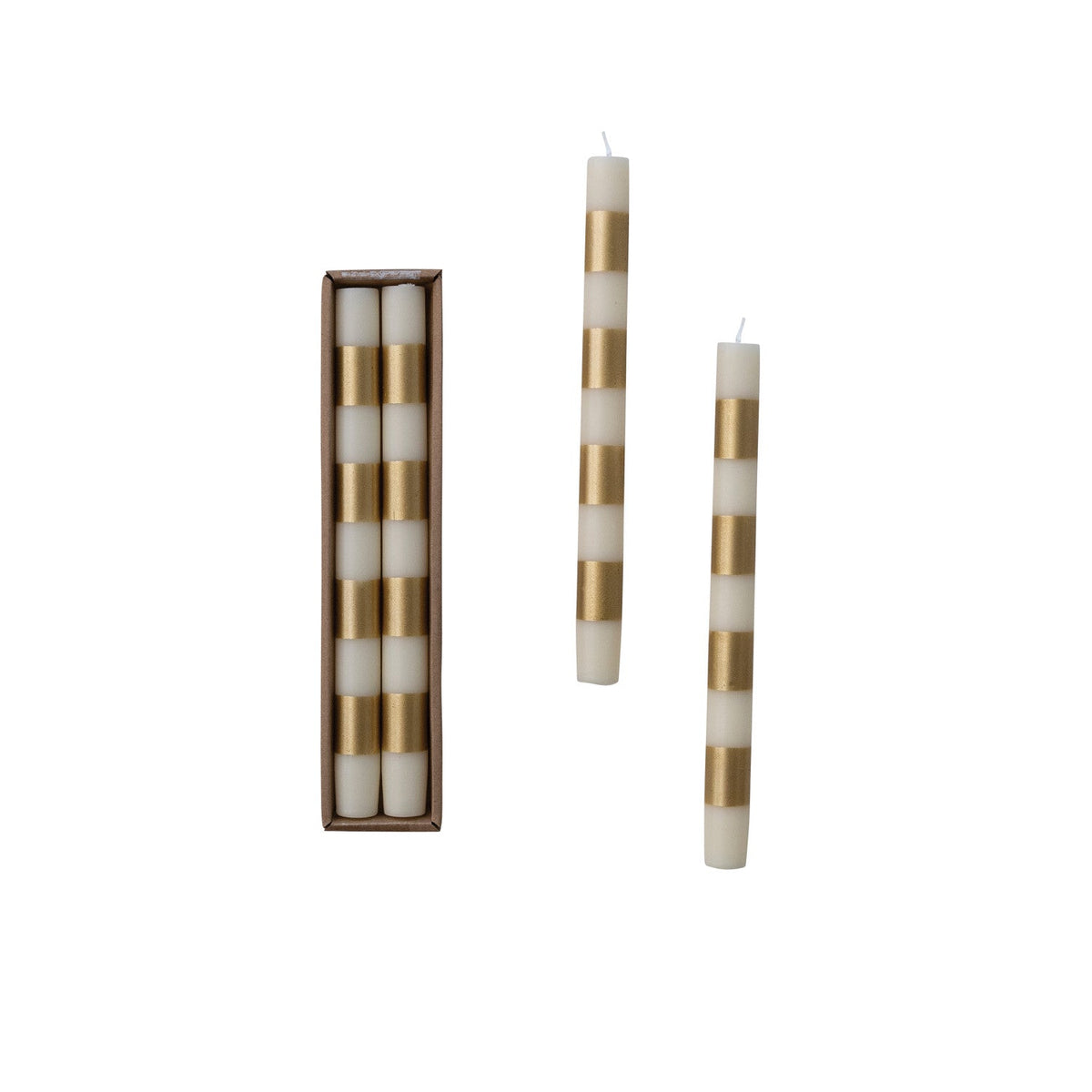 Two cream taper candles with gold bands, packed in a rectangular gift box