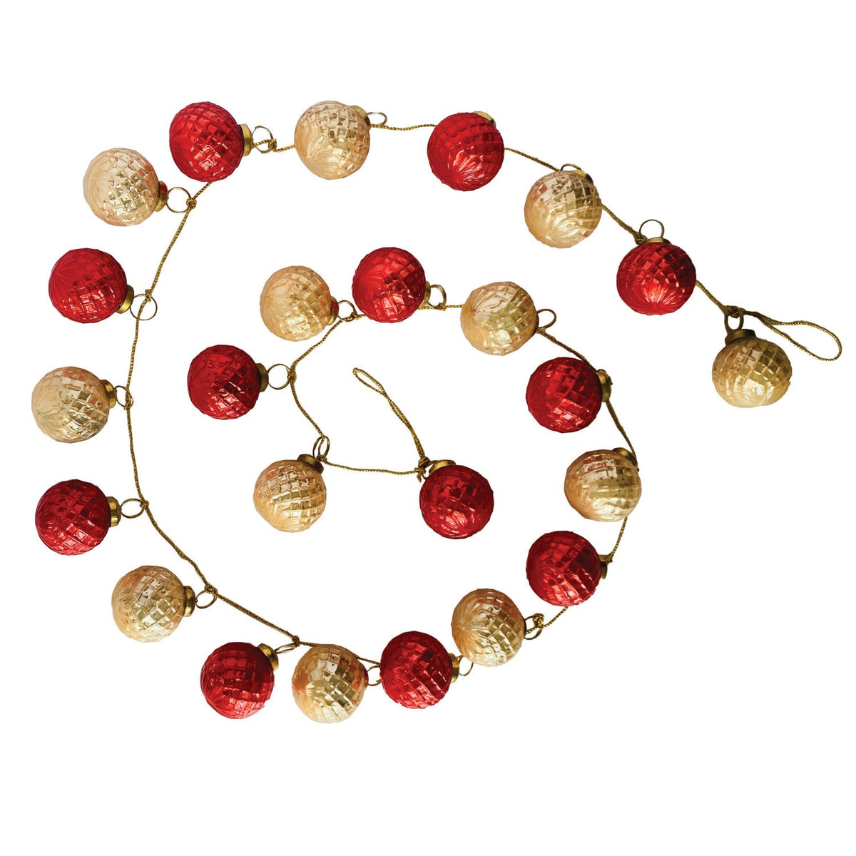 Mercury glass ball ornament garland with red and champagne gold baubles on gold cord