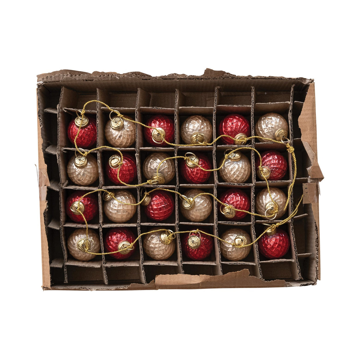 Mercury glass ball ornament garland stored in a cardboard organizer box