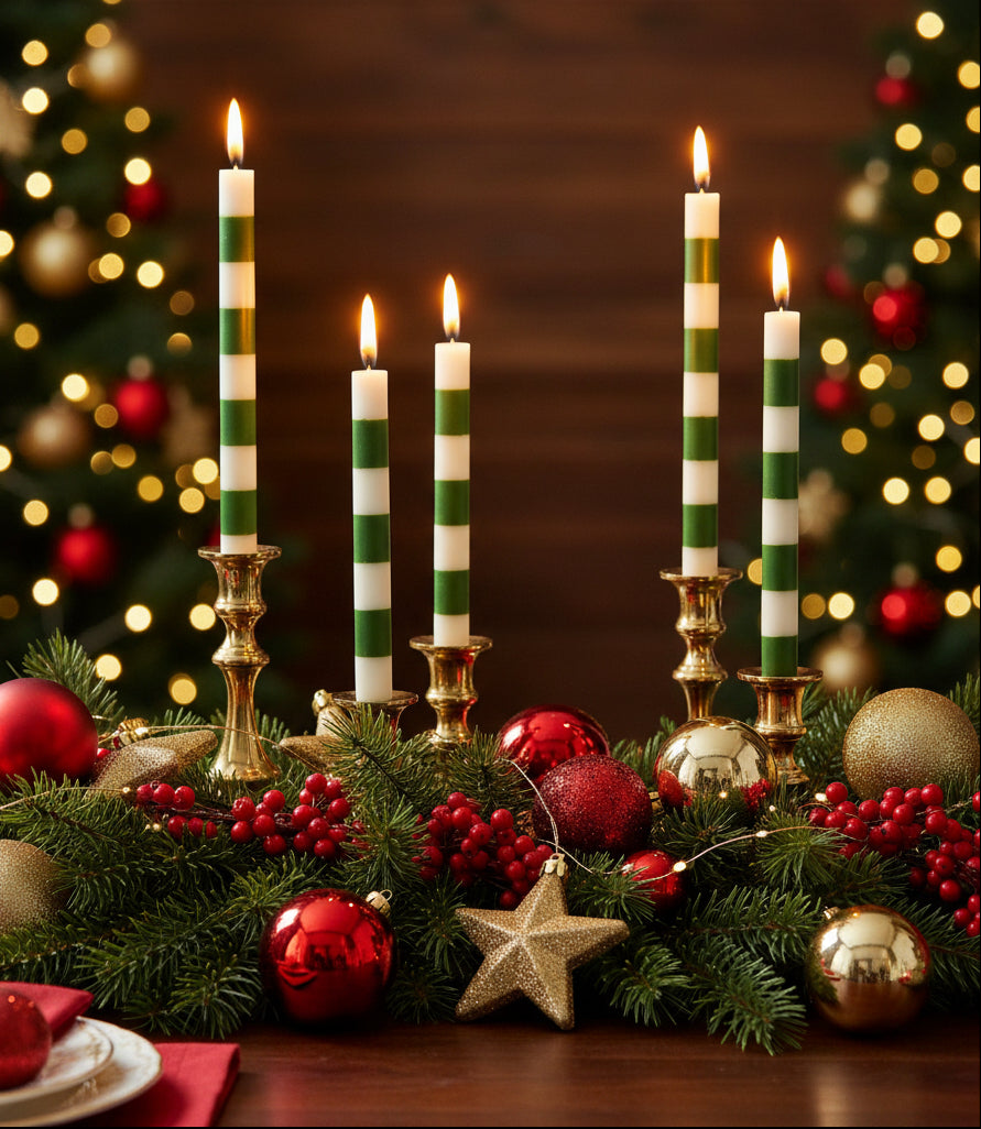 Green-and-white striped taper candles with lit wicks on a festive display