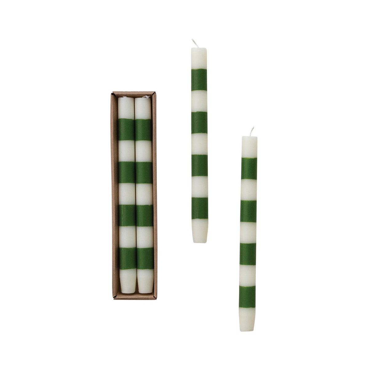 Boxed set of green-and-white striped taper candles with unlit wicks