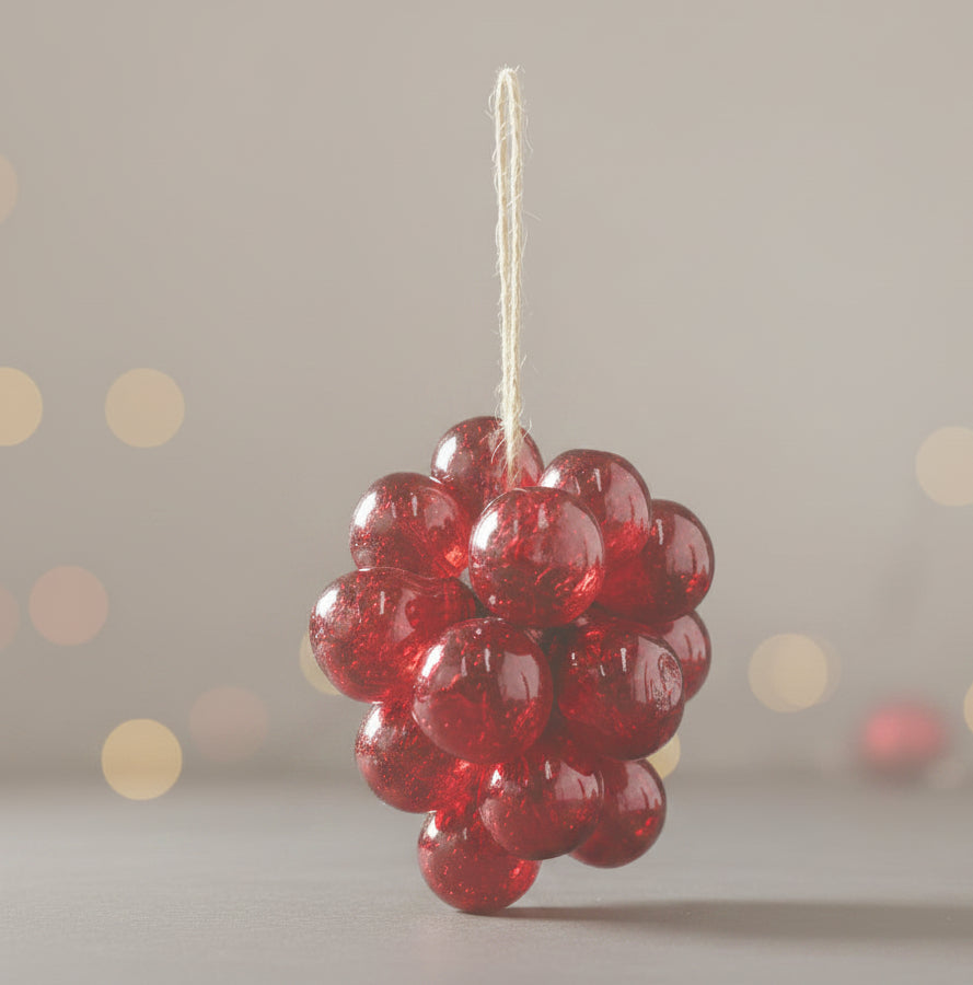 Red hand-blown glass ball cluster ornament with hanging twine