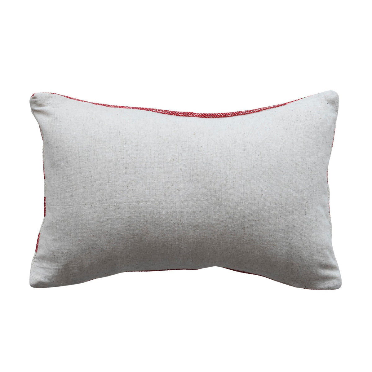 Cream lumbar pillow with red piping and stitched edges
