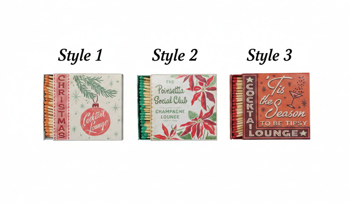 Set of three holiday matchboxes with embossed designs and exposed matchsticks