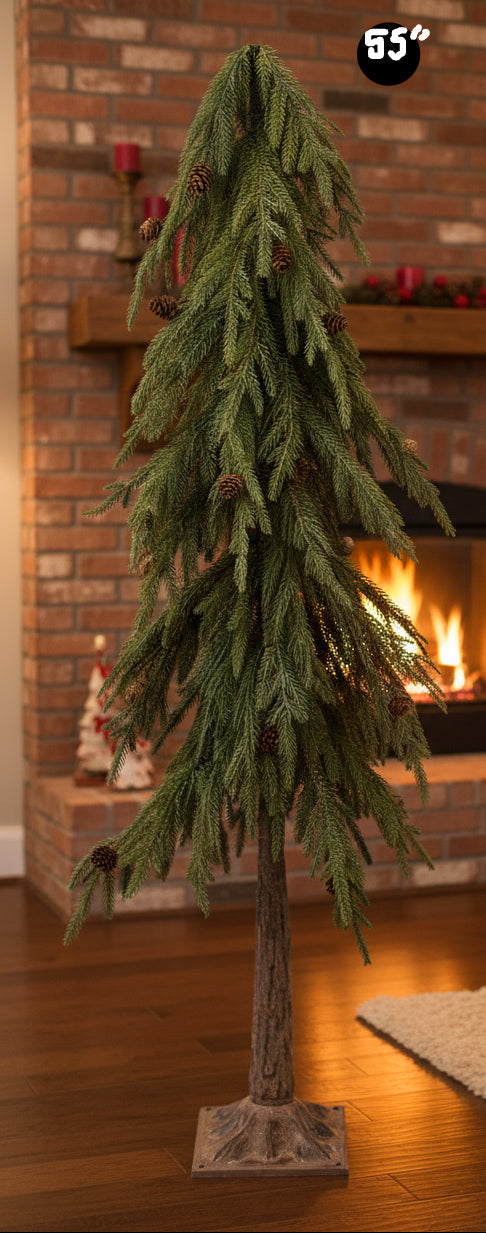 Ming artificial pine tree with pinecones, drooping branches, and a square wood-look base