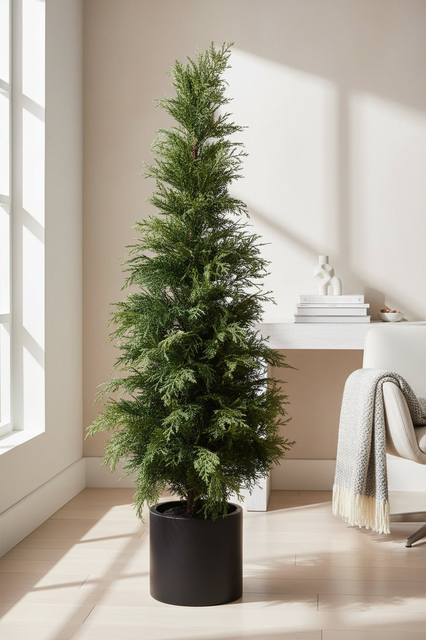 60 in potted cedar tree with dense green branches in a black planter
