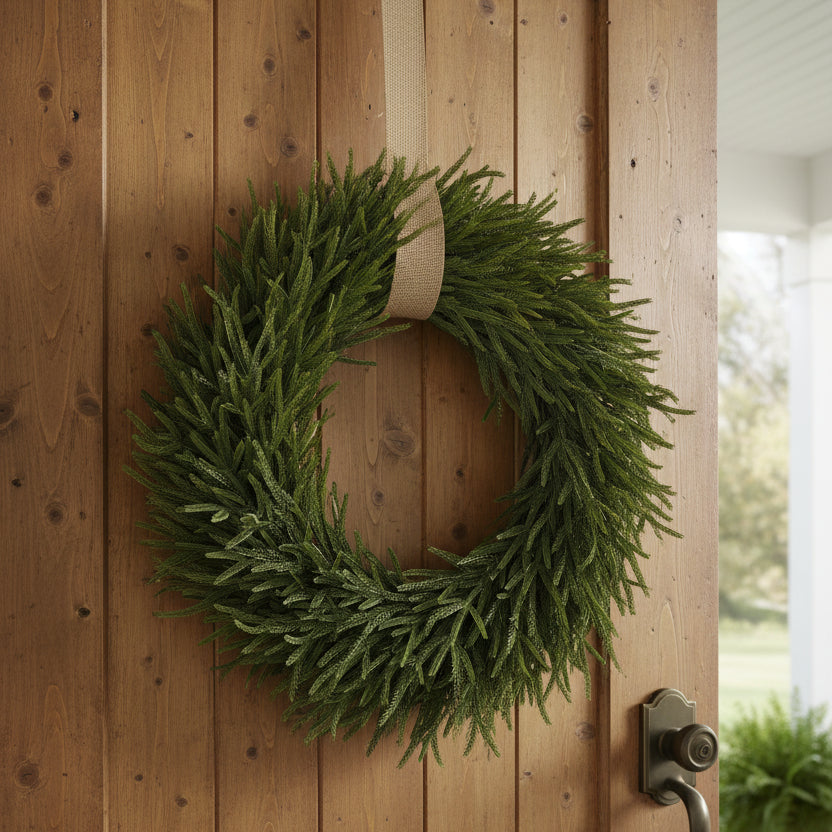 Real Touch Norfolk pine wreath with dense circular green needle foliage