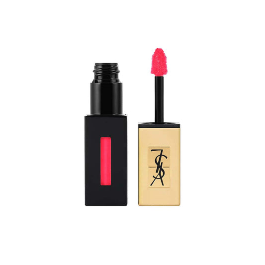 Yves Saint Laurent glossy lip stain with pink-red doe-foot applicator and tube, shade #201