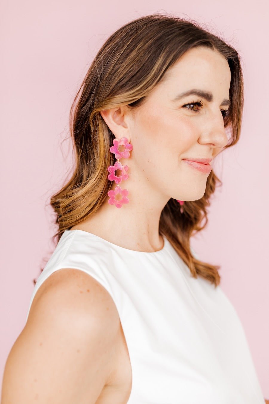 Azalea pink floral drop earrings, three stacked flower charms
