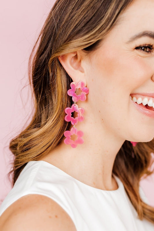 Azalea pink floral drop earrings with three stacked flower charms