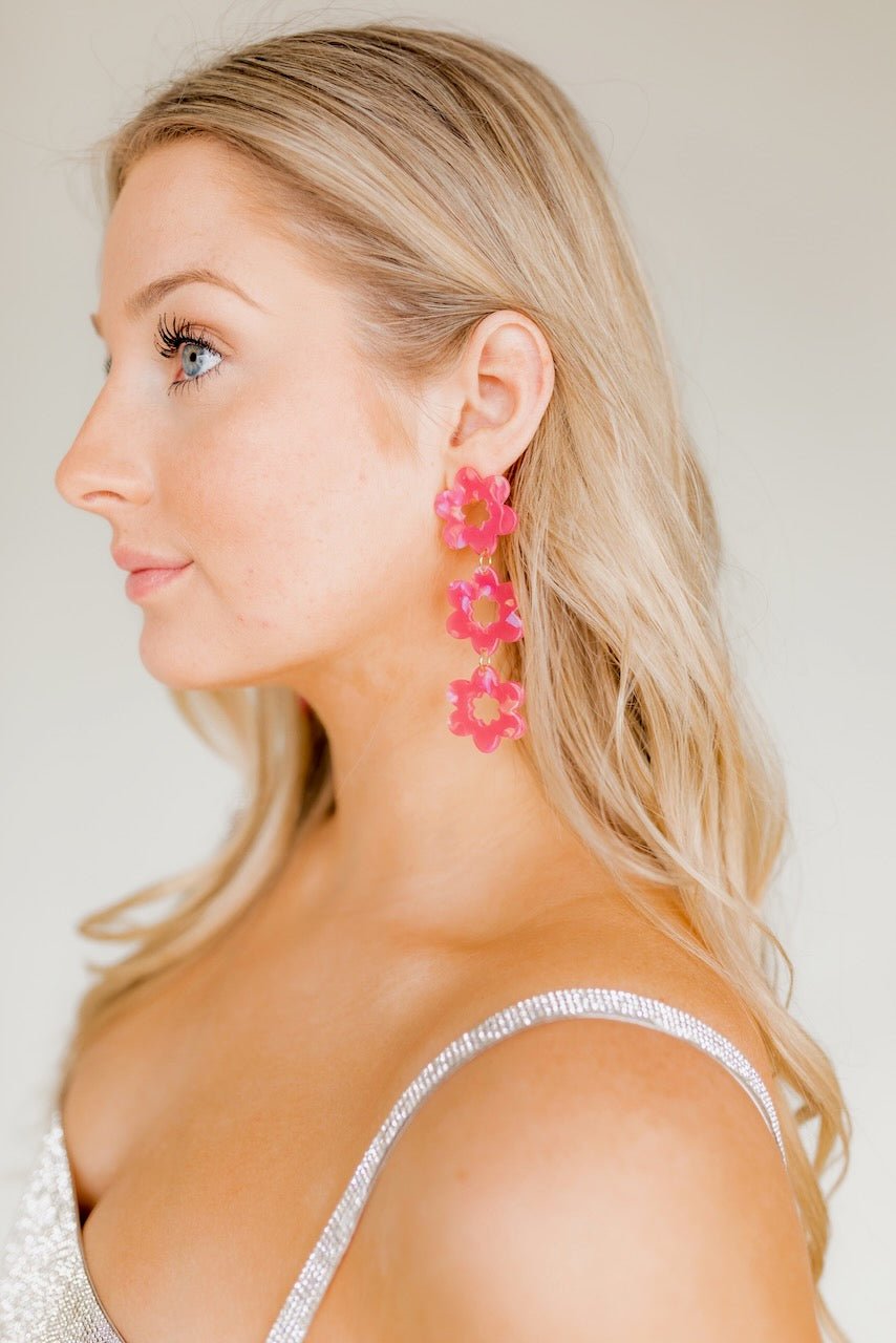 Azalea pink floral statement earrings with three-layer flower drop