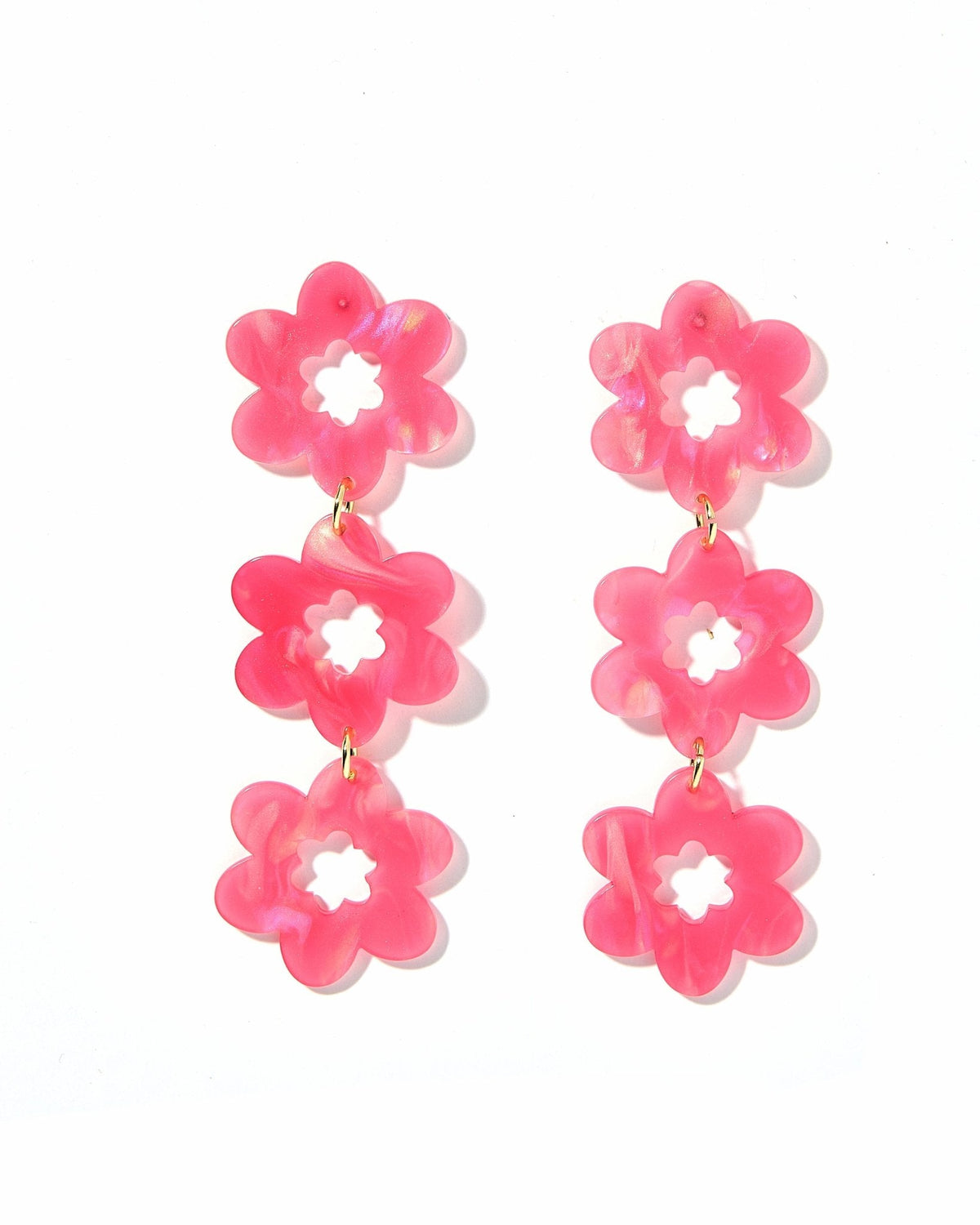 Azalea pink floral statement drop earrings with three stacked flower charms