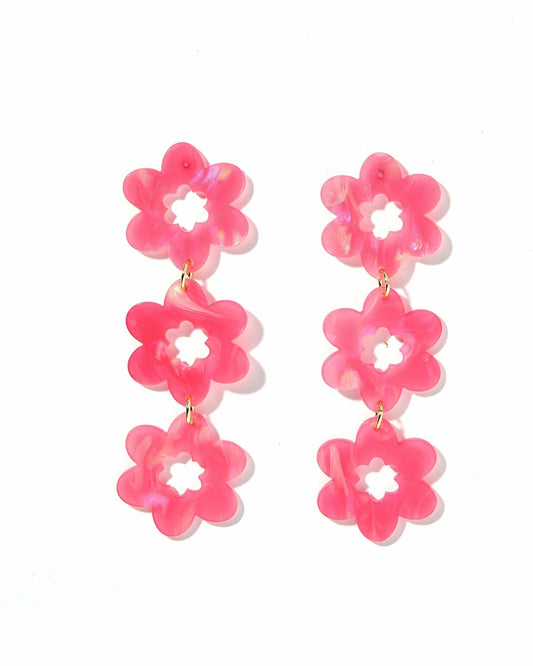 Azalea pink floral statement drop earrings with three stacked flower charms