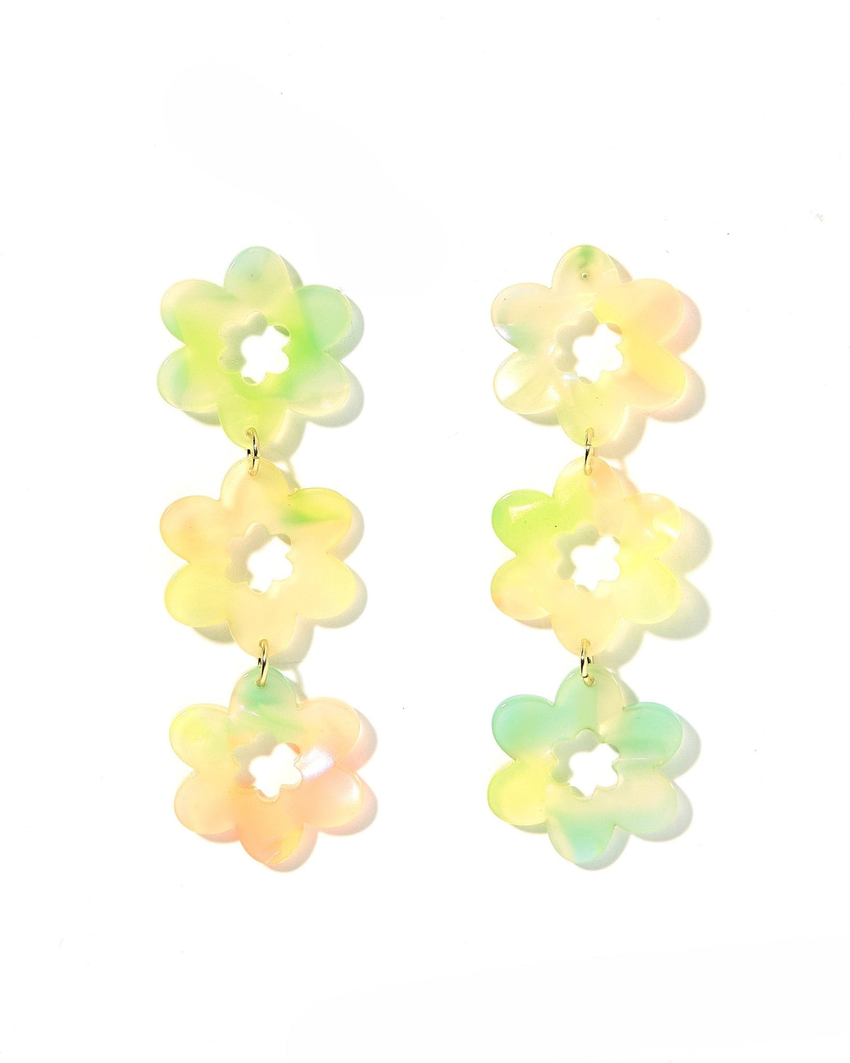 Floral statement drop earrings with three pastel flower charms