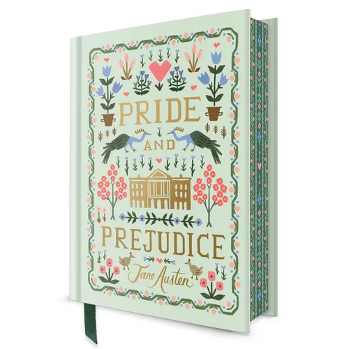 Hardcover book with illustrated floral cover and Pride and Prejudice title